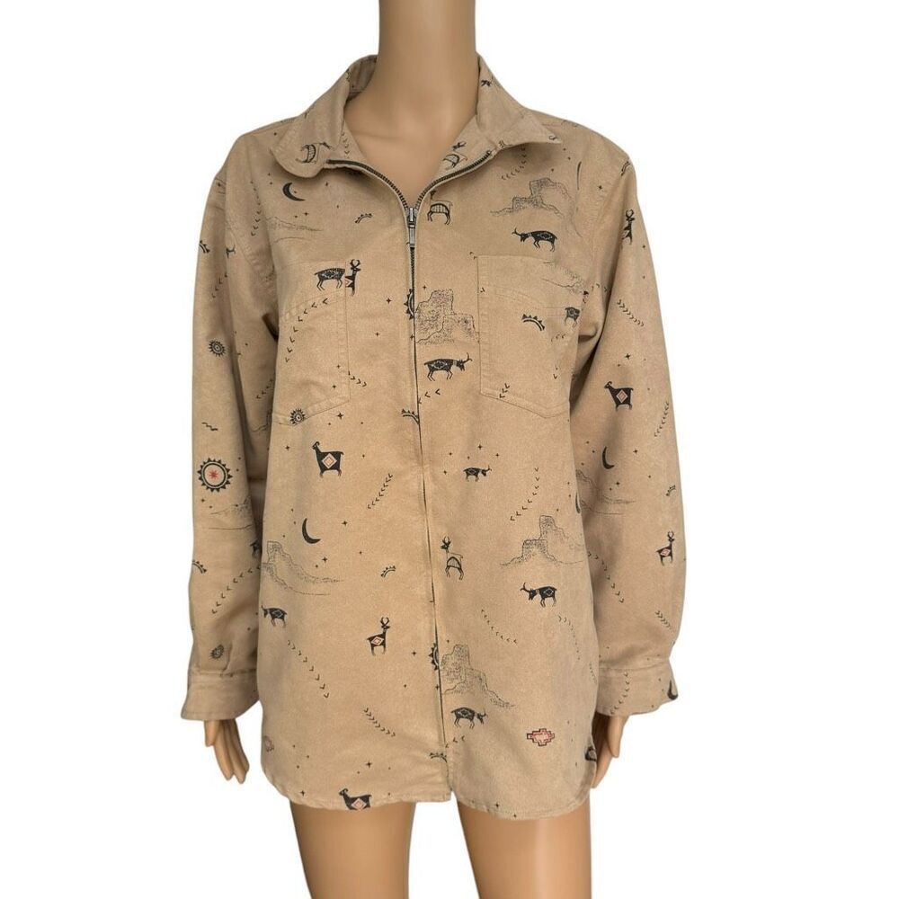 CHICO’s tan faux Suede Tribal Print Zip Up Jacket Size 1 or M